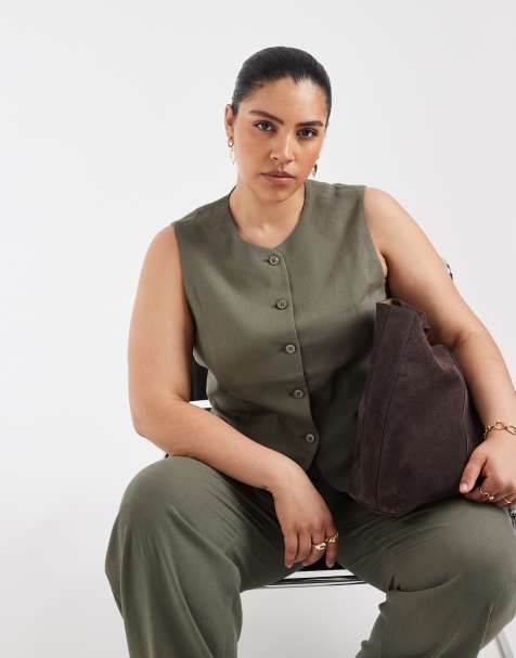 ONLY Curve linen blend vest in olive green - part of a set - view 1