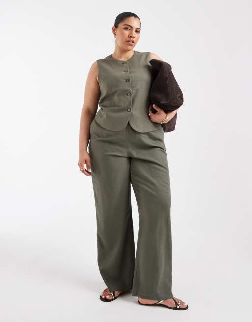 ONLY Curve linen blend waistcoat in olive green (part of a set), 2 of 4