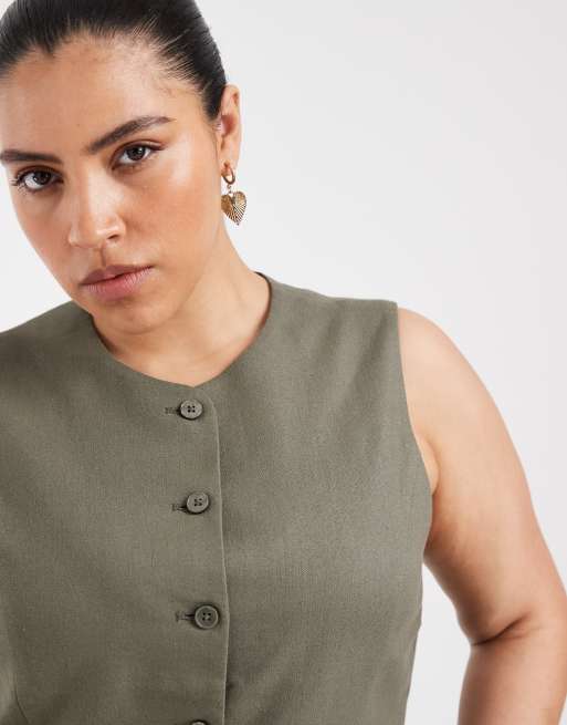 ONLY Curve linen blend waistcoat in olive green (part of a set), 3 of 4