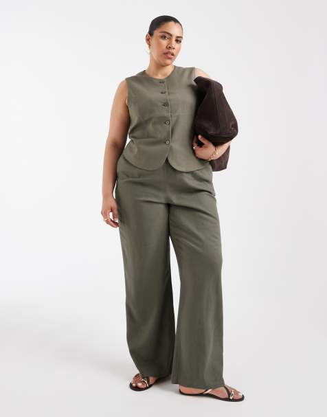 ONLY Curve linen blend waistcoat & pants set in olive green - view 1