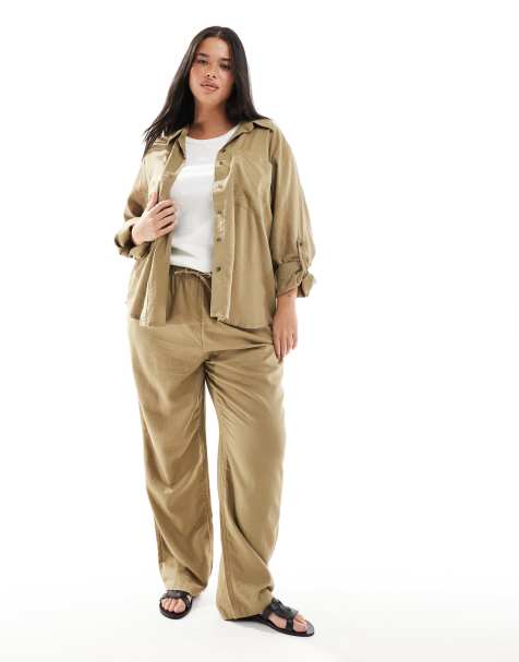 ONLY Curve linen mix co-ord in light khaki - view 1