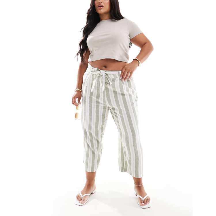 ONLY Curve linen mix culotte pants with belt in cream and sage stripe