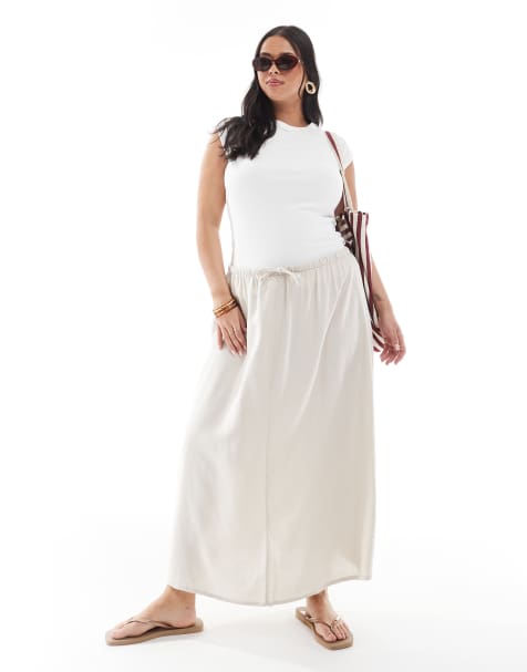ONLY Curve linen mix high waist maxi skirt in stone - view 1