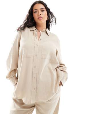 Only Curve Linen Mix Long Sleeve Shirt In Beige - Part Of A Set-neutral