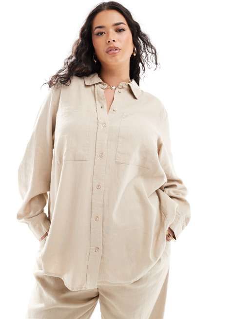 ONLY Curve linen mix long sleeve shirt in beige - part of a set 