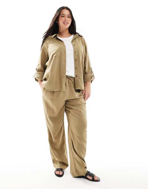 ONLY Curve linen mix pull on pants in light khaki - part of a set - view 1