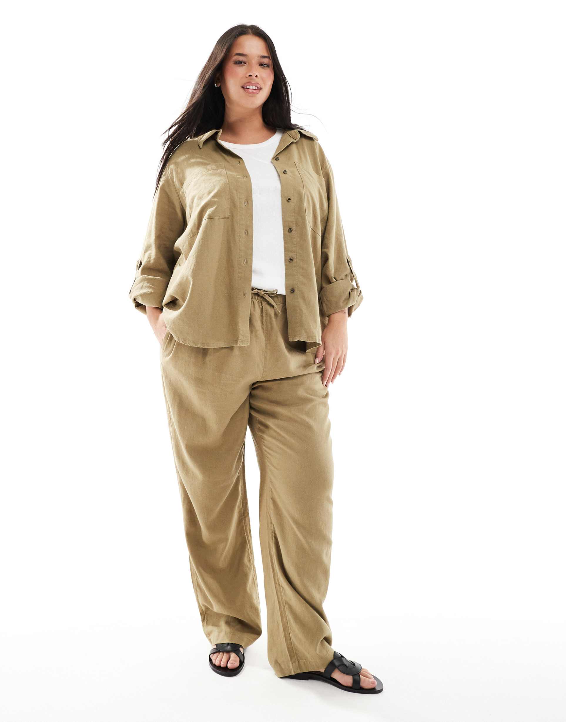 only curve linen mix pull on pants in light khaki - part of a set
