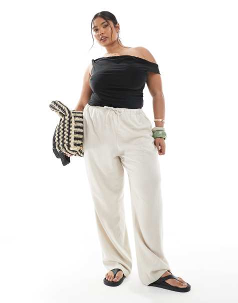 ONLY Curve linen mix pull on trousers in beige