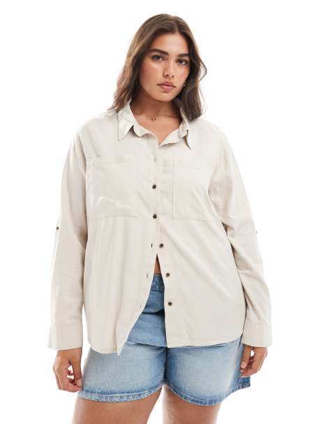 ONLY Curve linen mix shirt in stone - view 1