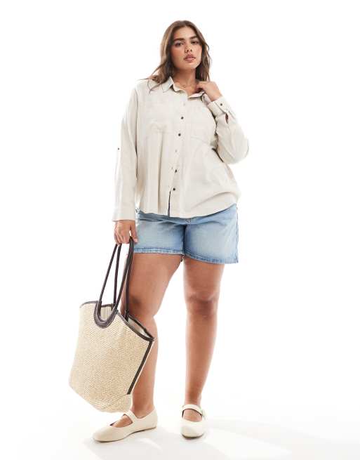 ONLY Curve linen mix shirt in stone | ASOS