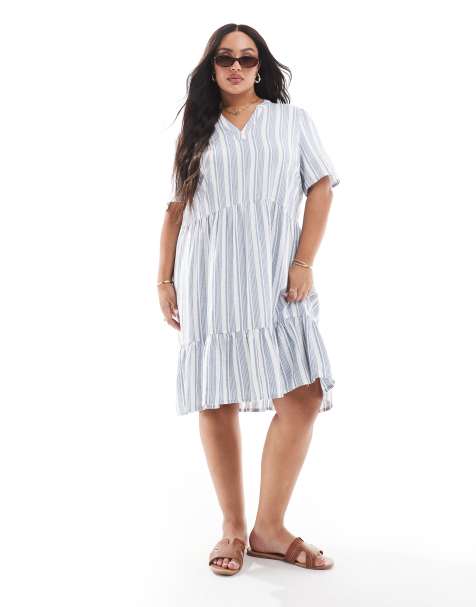 ONLY Curve linen mix v-neck mini dress in light blue stripes