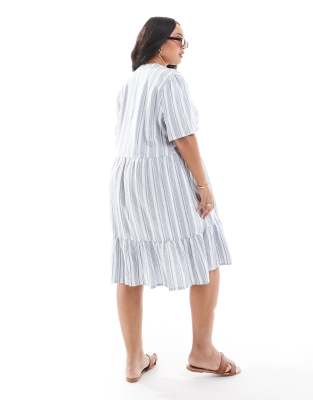 ONLY Curve linen mix v-neck mini dress in light blue stripes