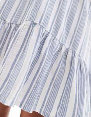 ONLY Curve linen mix v-neck mini dress in light blue stripes