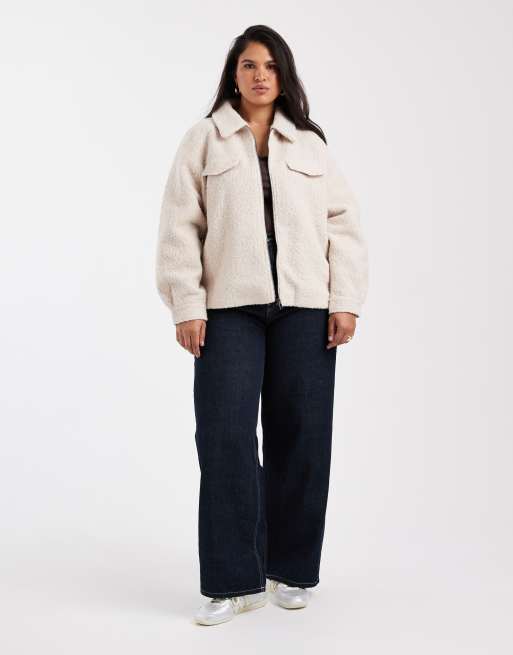 ONLY Curve – Ljusbeige jacka med dragkedja i bouclé, 2 av 4