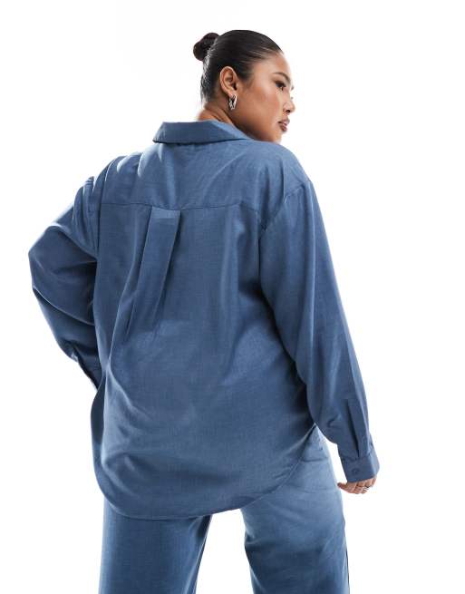 ONLY Curve long sleeve chambray shirt co-ord in navy, 3 of 4