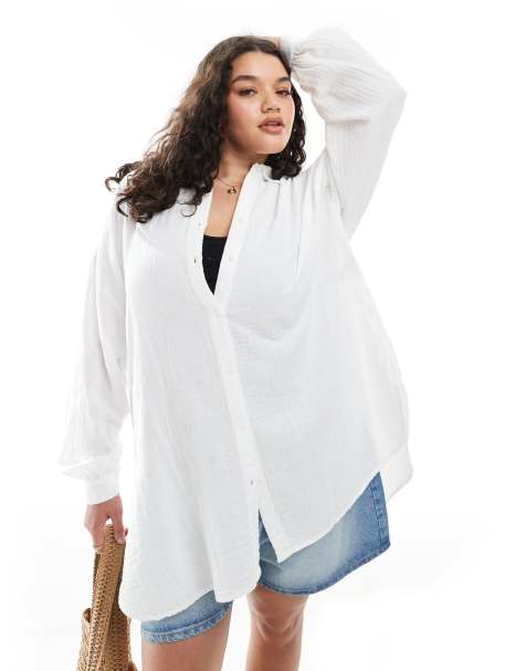 ONLY Curve long sleeve cheesecloth shirt in white - view 1