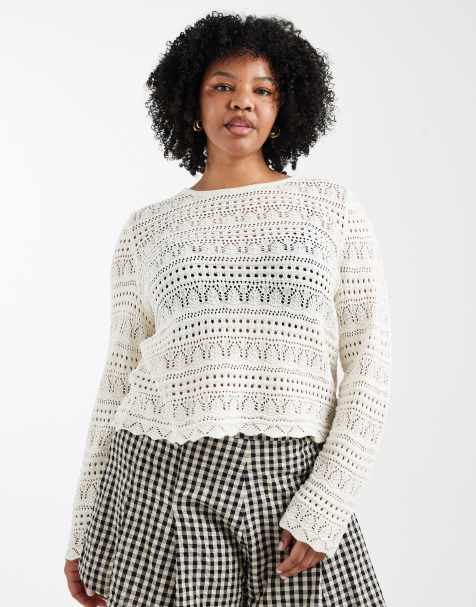 ONLY Curve long sleeve crochet top in cream - view 1