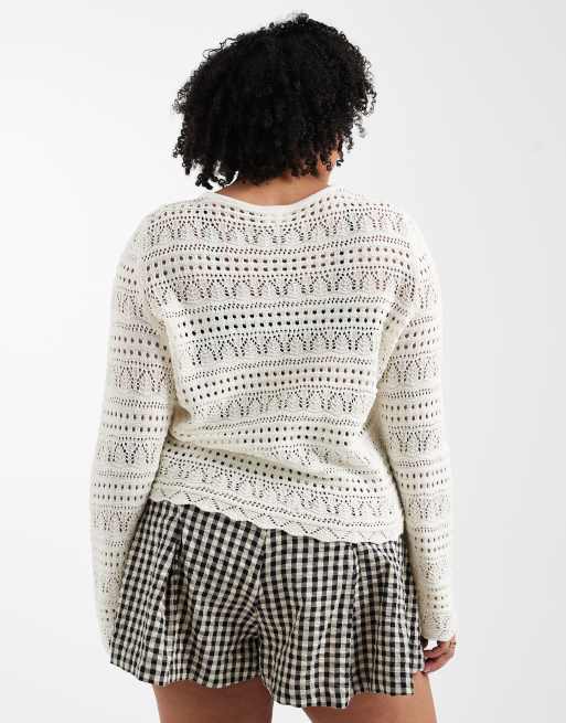 ONLY Curve long sleeve crochet top in cream, 2 of 4