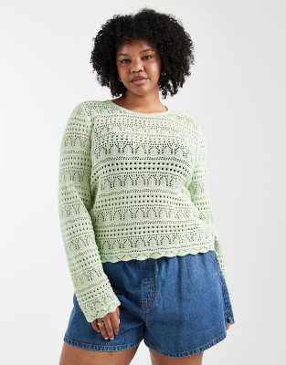Only Curve Long Sleeve Crochet Top In Green
