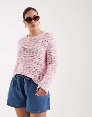 Only Curve Long Sleeve Crochet Top In Pink