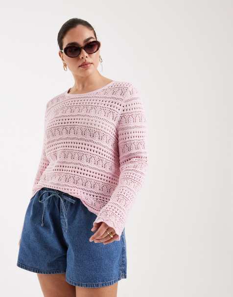 ONLY Curve long sleeve crochet top in pink