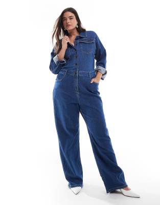 long sleeve denim jumpsuit in dark blue