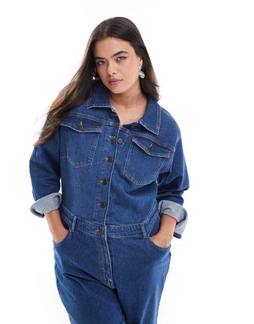 ONLY Curve long sleeve denim jumpsuit in dark blue | ASOS