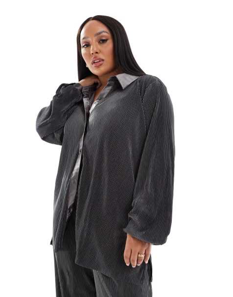 ONLY Curve long sleeve loose plisse shirt in gray - part of a set - view 1