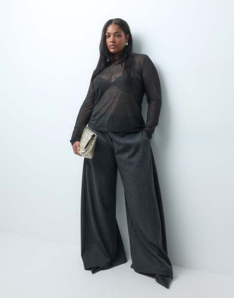 ONLY Curve long sleeve mesh glitter top in black