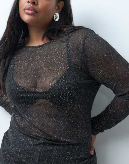 ONLY Curve long sleeve mesh glitter top in black, 3 of 4