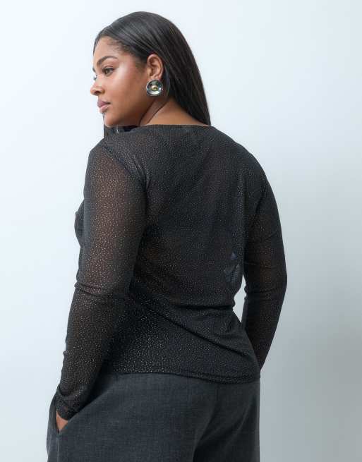 ONLY Curve long sleeve mesh glitter top in black, 4 of 4