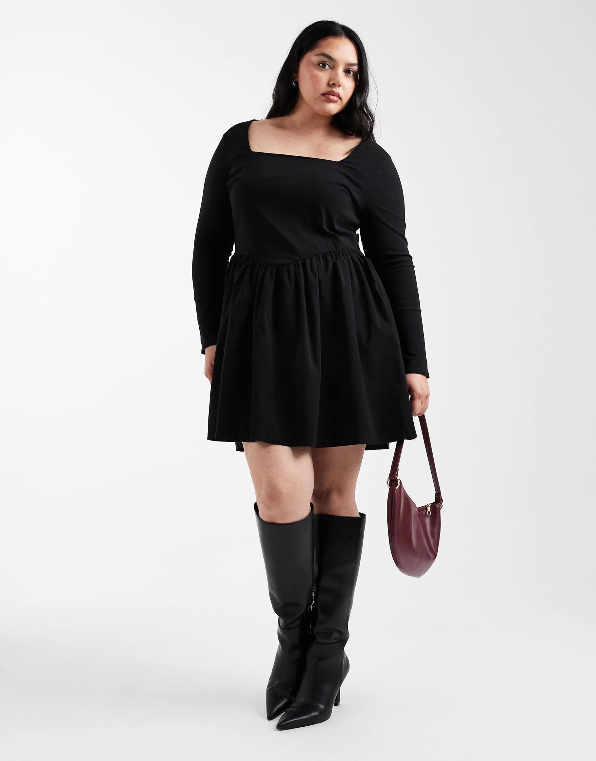 only curve long sleeve square neck mini skater dress in black