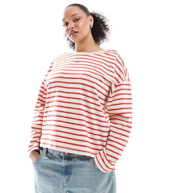 LilyCoco Women's Striped Long Sleeve Shirt - Red & White Breton Top, Crewneck, Loose Fit (Size Large) - View #6