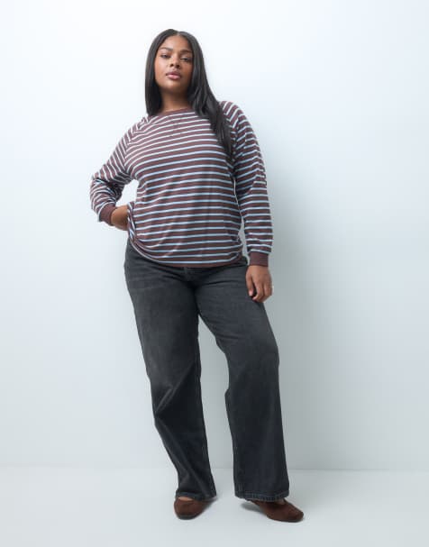 ONLY Curve long sleeve t-shirt in brown & blue stripes