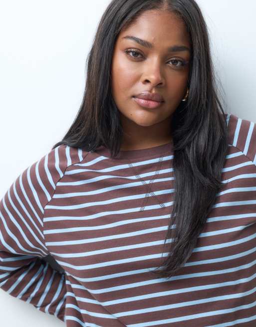 ONLY Curve long sleeve t-shirt in brown & blue stripes, 2 of 4