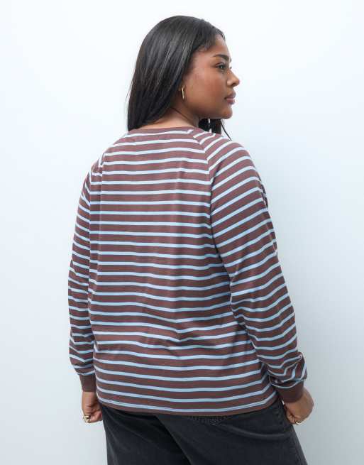 ONLY Curve long sleeve t-shirt in brown & blue stripes, 3 of 4