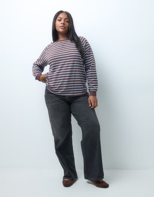 ONLY Curve long sleeve t-shirt in brown & blue stripes, 4 of 4