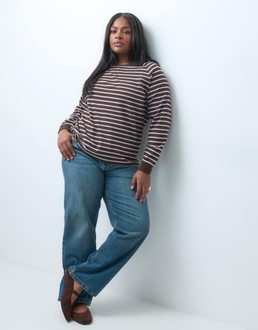ONLY Curve long sleeve t-shirt in brown stripes, 3 of 4
