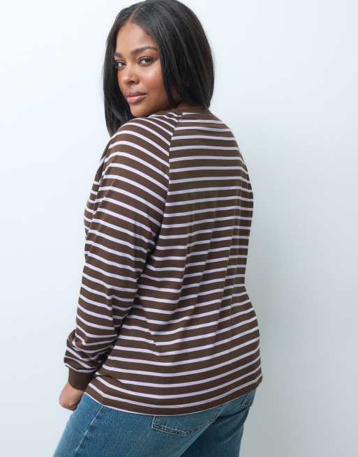 ONLY Curve long sleeve t-shirt in brown stripes, 4 of 4