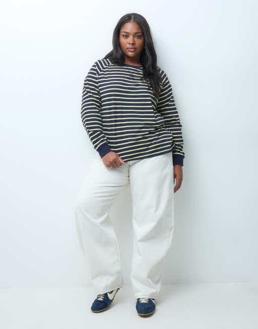 ONLY Curve long sleeve t-shirt in navy & yellow stripes, 2 of 4