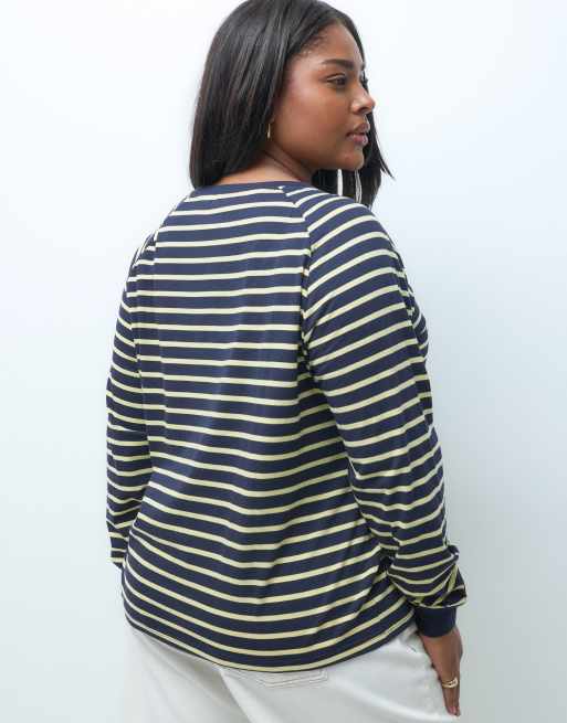 ONLY Curve long sleeve t-shirt in navy & yellow stripes, 3 of 4