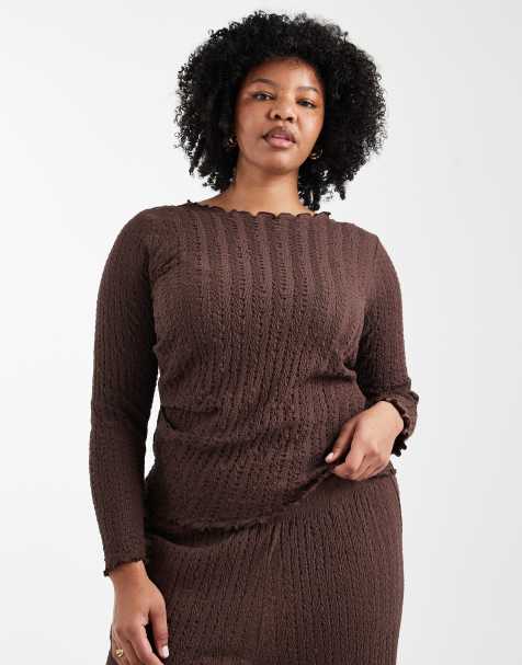 ONLY Curve long sleeve textured top co-ord in chocolate brown - view 1