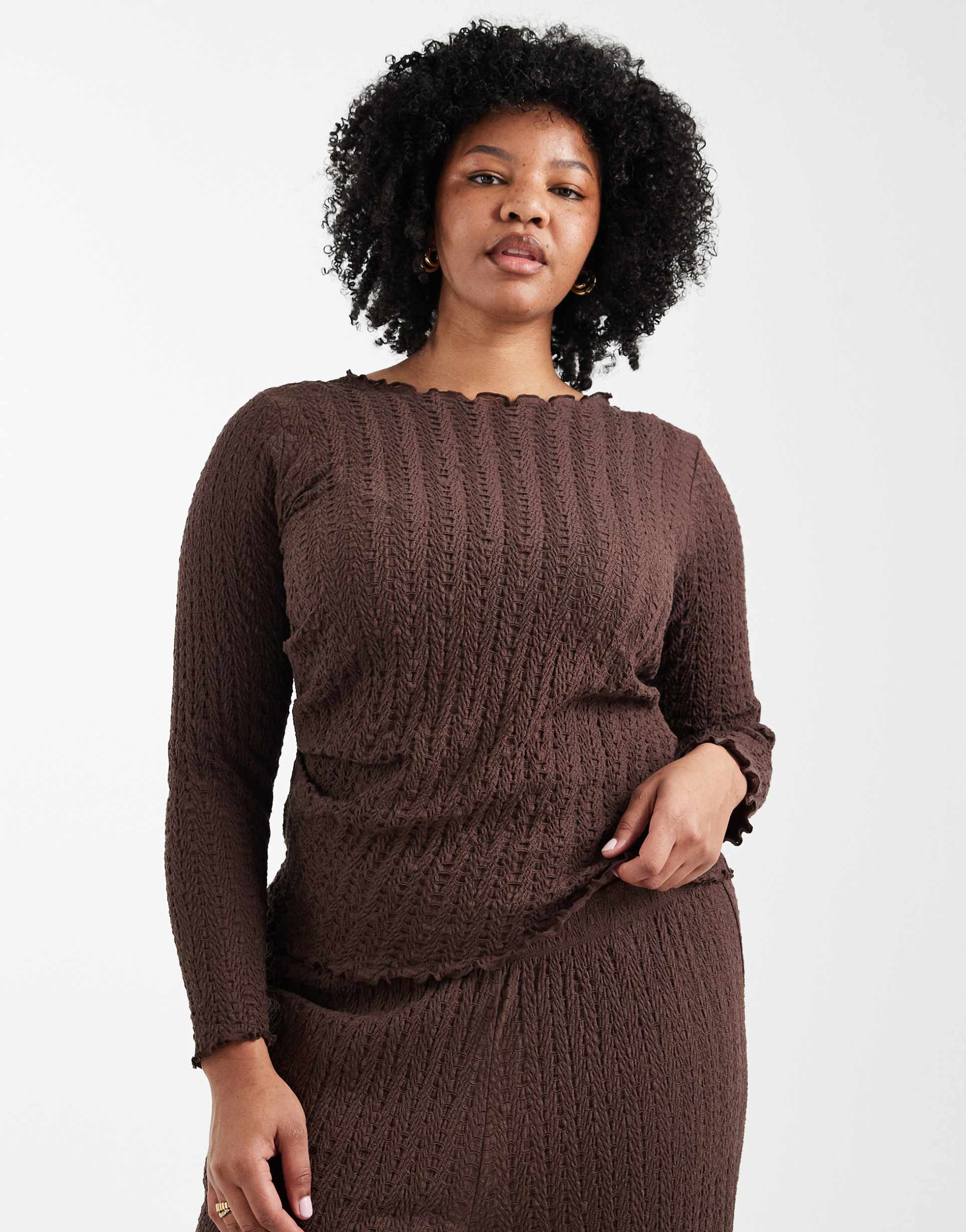 only curve long sleeve textured top in chocolate brown - part of a set