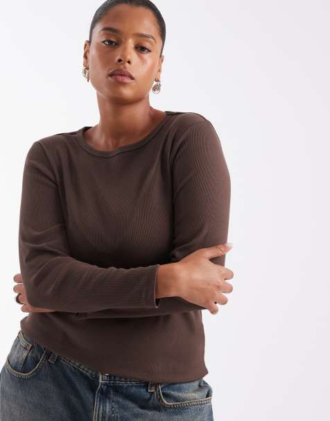 ONLY Curve long sleeve top in brown - view 1