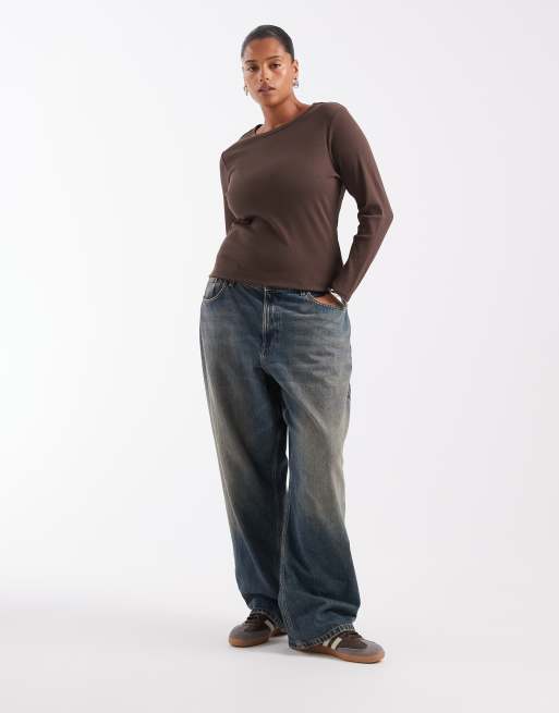ONLY Curve long sleeve top in brown, 2 of 4