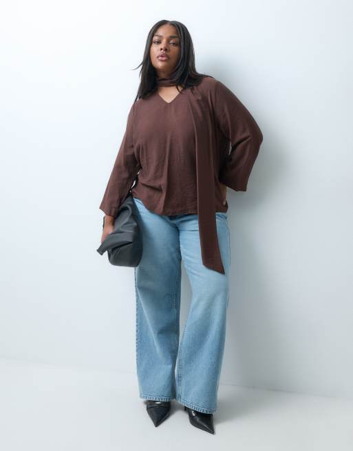 ONLY Curve long sleeve v neck top with wrap around scarf in chocolate, 2 of 4