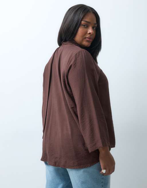 ONLY Curve long sleeve v neck top with wrap around scarf in chocolate, 3 of 4