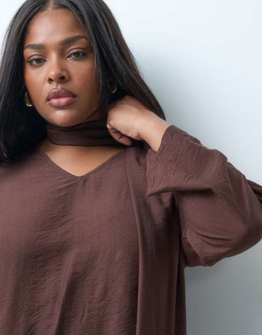 ONLY Curve long sleeve v neck top with wrap around scarf in chocolate, 4 of 4