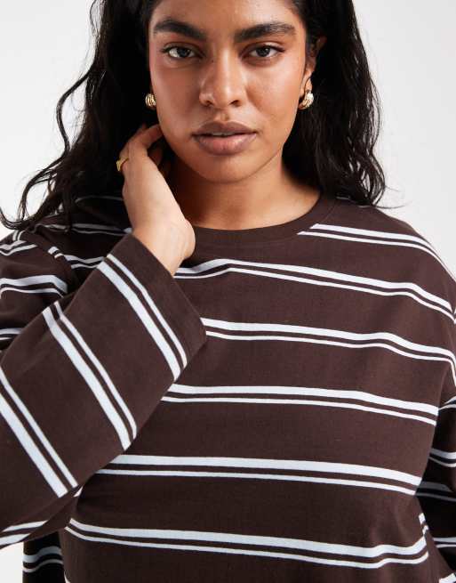 ONLY Curve long wide sleeve top in chocolate and blue stripes, 3 of 4