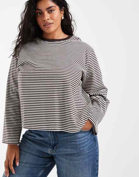 ONLY Curve long wide sleeve top in chocolate and cream stripe - view 1
